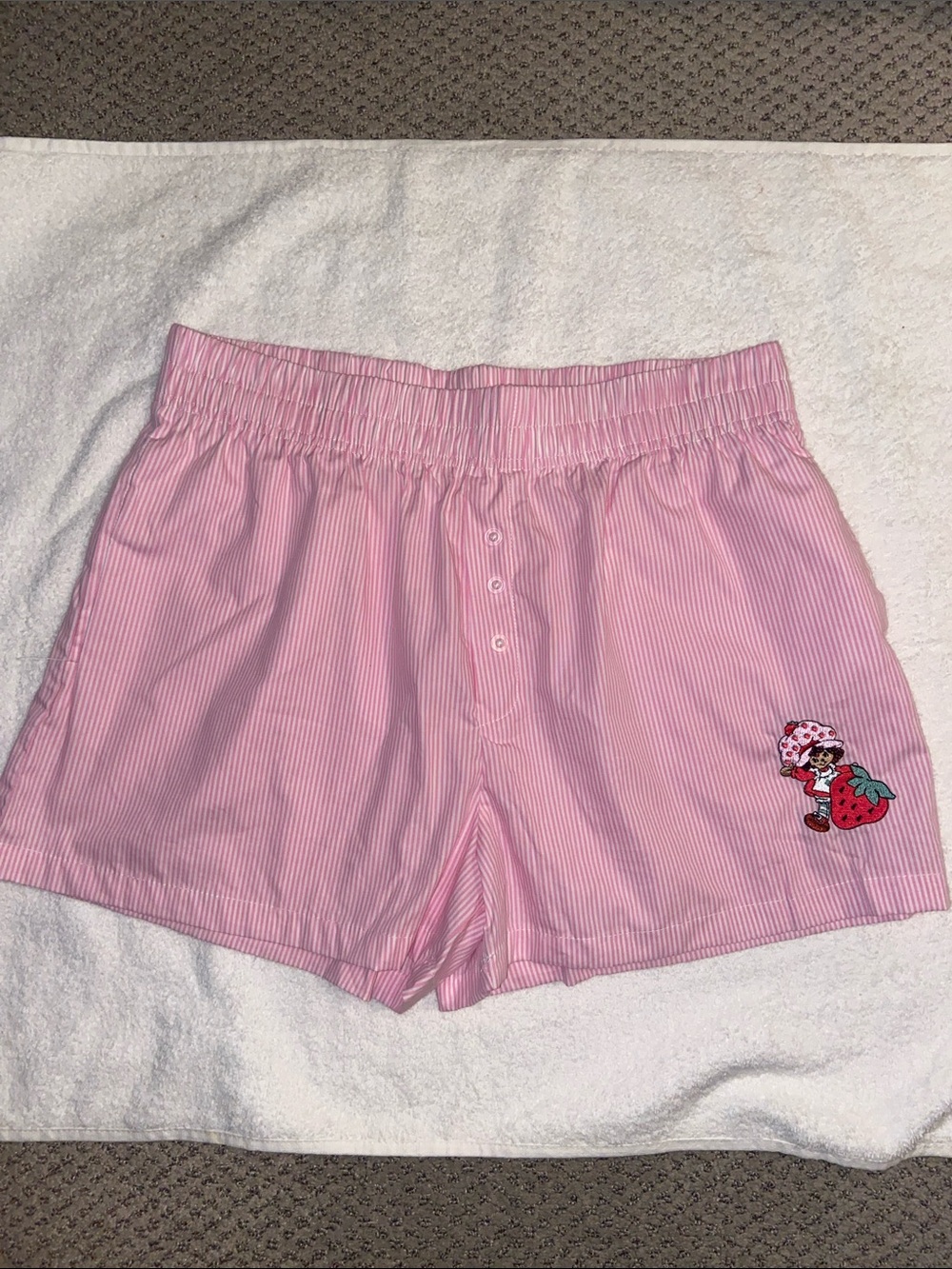 🍓 Strawberry Shortcake Pink Striped Cotton Pajama Shorts XL Y2K Cute Lounge